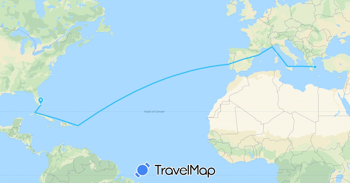 TravelMap itinerary: driving, boat in Cuba, Spain, Greece, Italy, Monaco, Portugal, United States (Europe, North America)